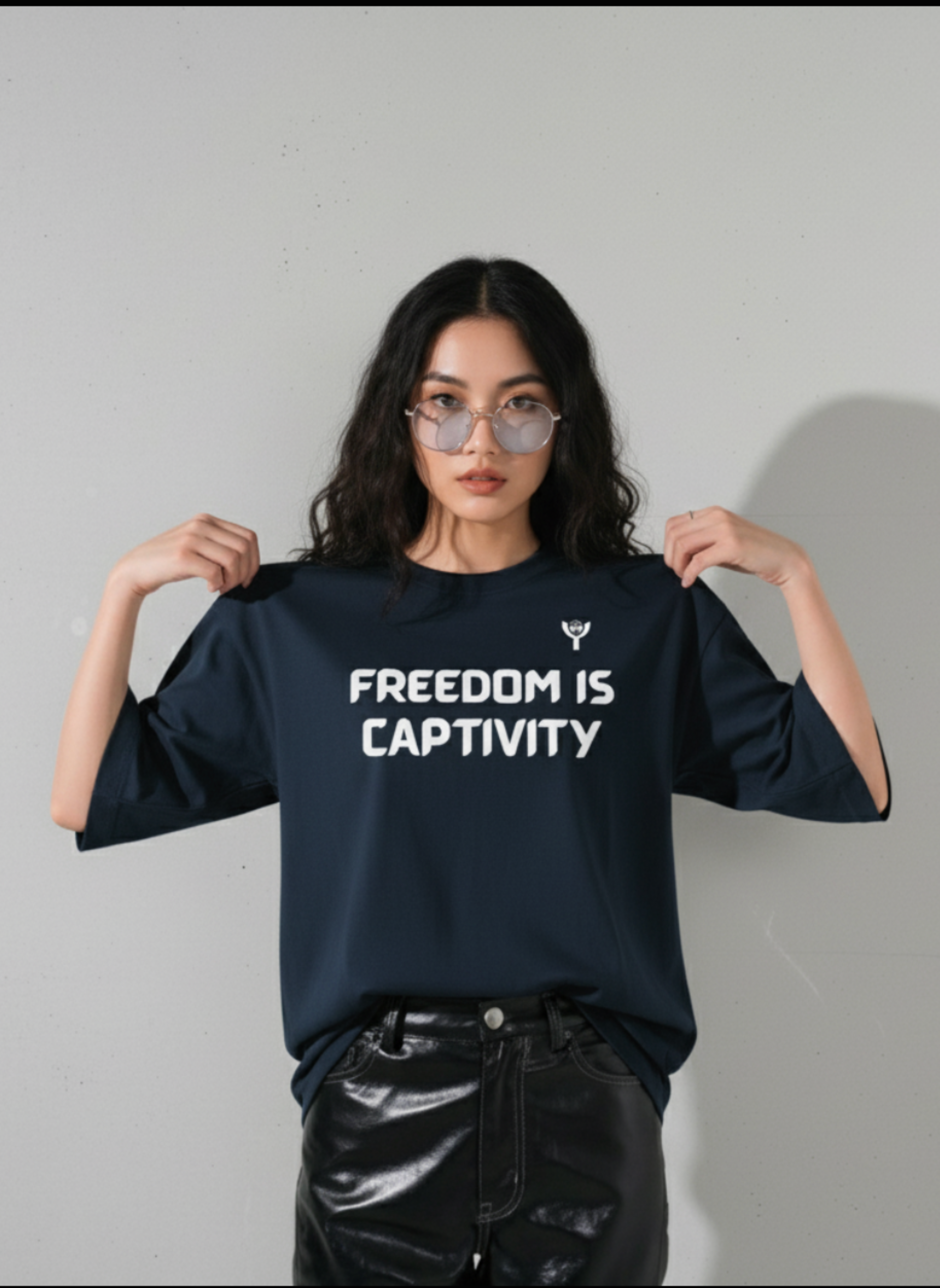 A woman with long dark hair and sunglasses models VYRE's Freedom Oversized Tee, featuring “FREEDOM IS CAPTIVITY,” paired with sleek black leather pants against a plain light gray wall.