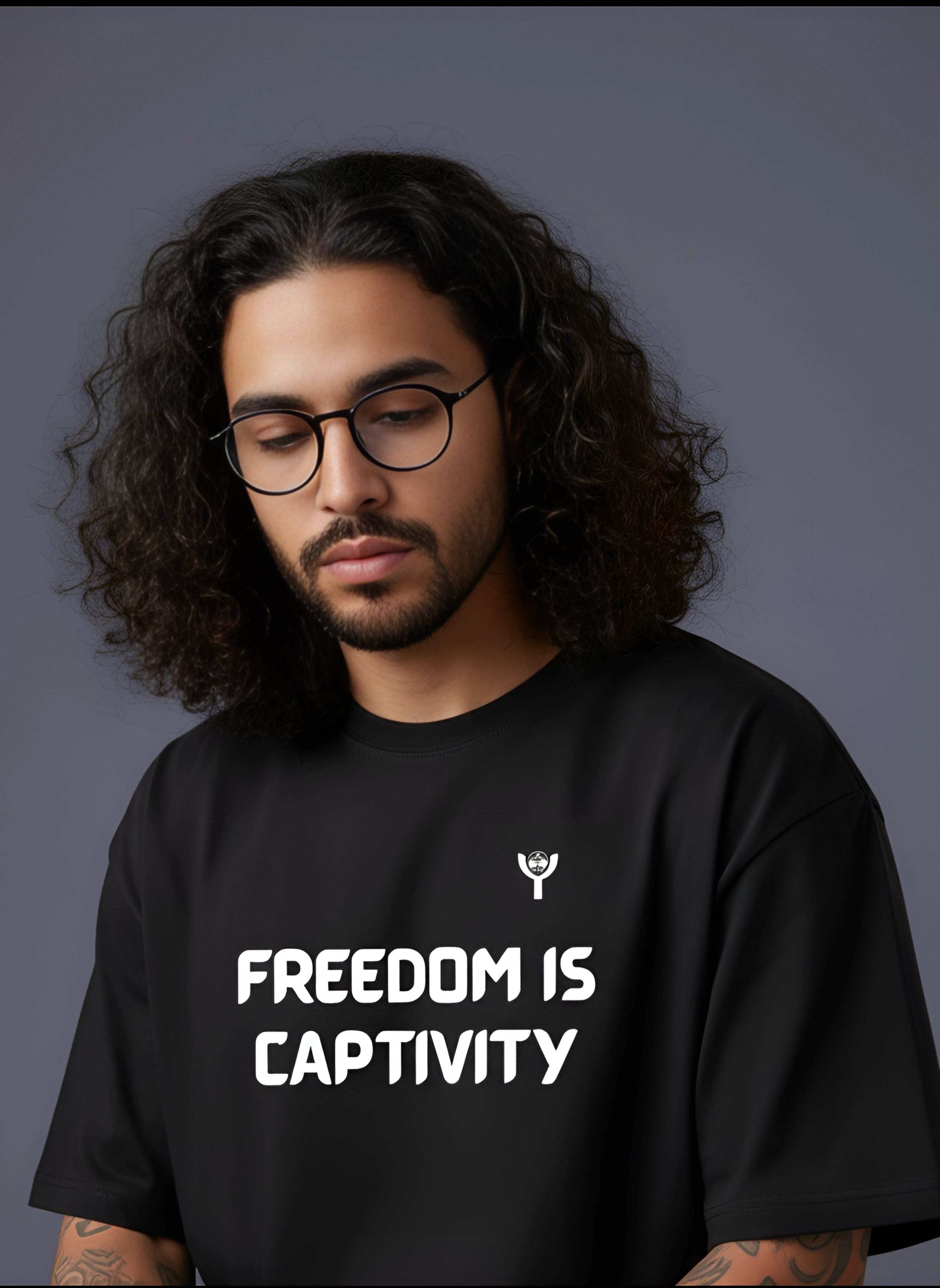 A bearded person with curly hair and glasses wears the VYRE Freedom Oversized Tee, featuring “FREEDOM IS CAPTIVITY” in bold white letters, while standing against a dark background.