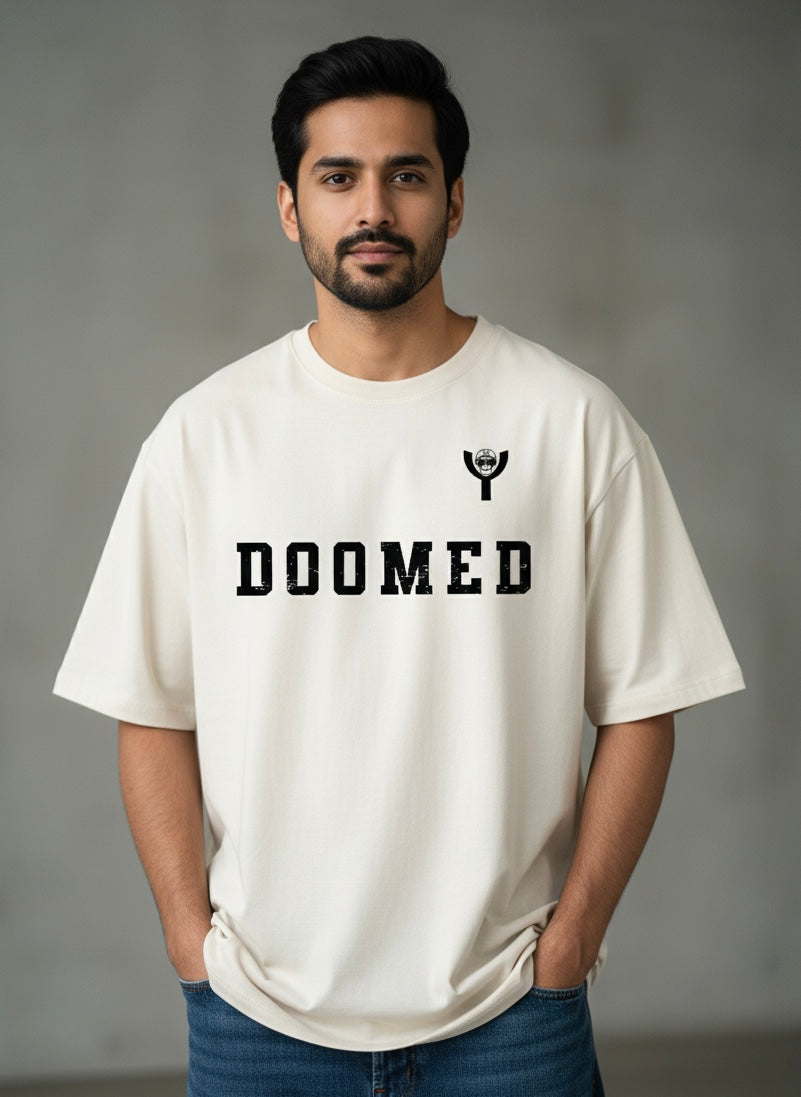 Man wearing a Off White t-shirt with 'DOOMED' text on a gray background