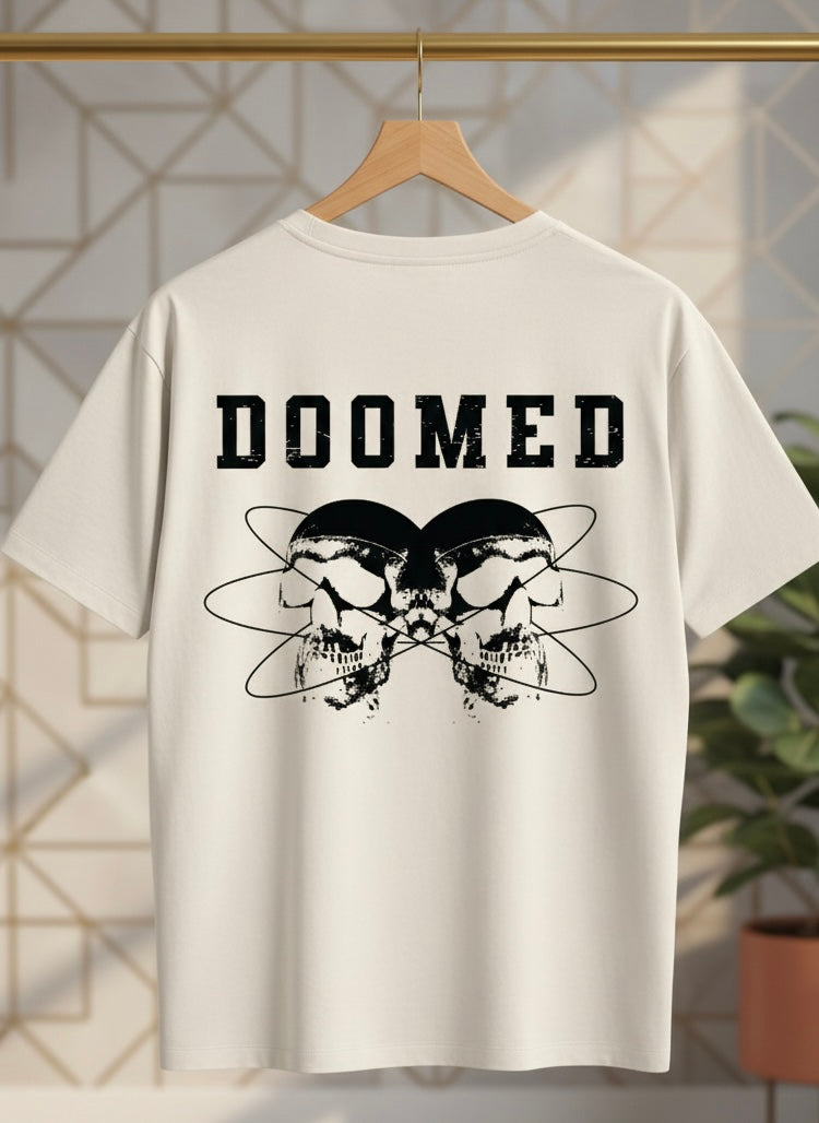 Off White t-shirt with 'DOOMED' and skull design on a hanger against a geometric wall.