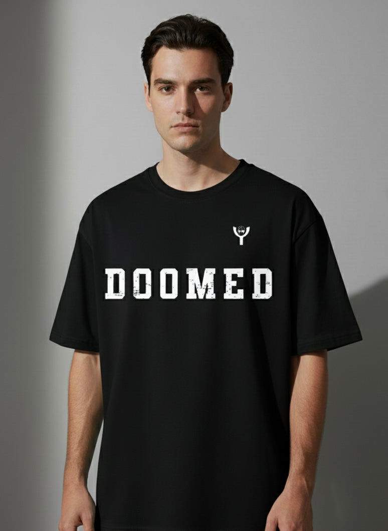 Man wearing a Black t-shirt with 'DOOMED' printed on it against a gray background