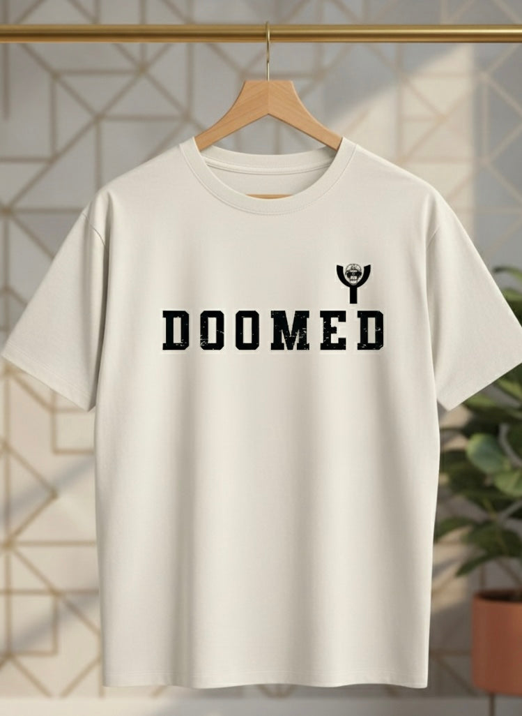 Off White t-shirt with 'DOOMED' text on a hanger against a geometric wall.